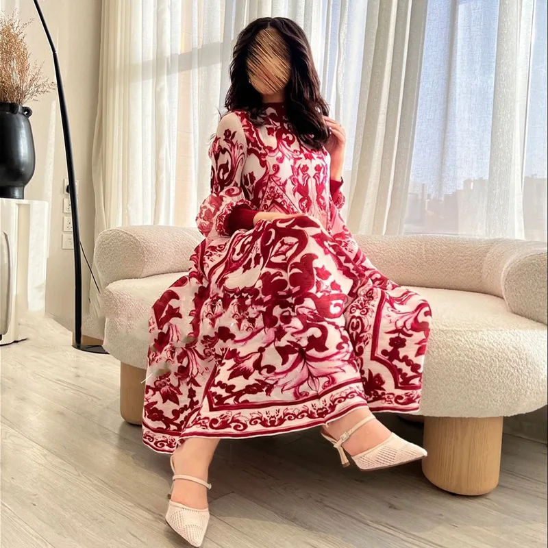 Summer Runway Blue and White Porcelain Long Dress Women O-Neck Flare Sleeve Floral Print Bohemian Side Split Loose Robe Vestidos