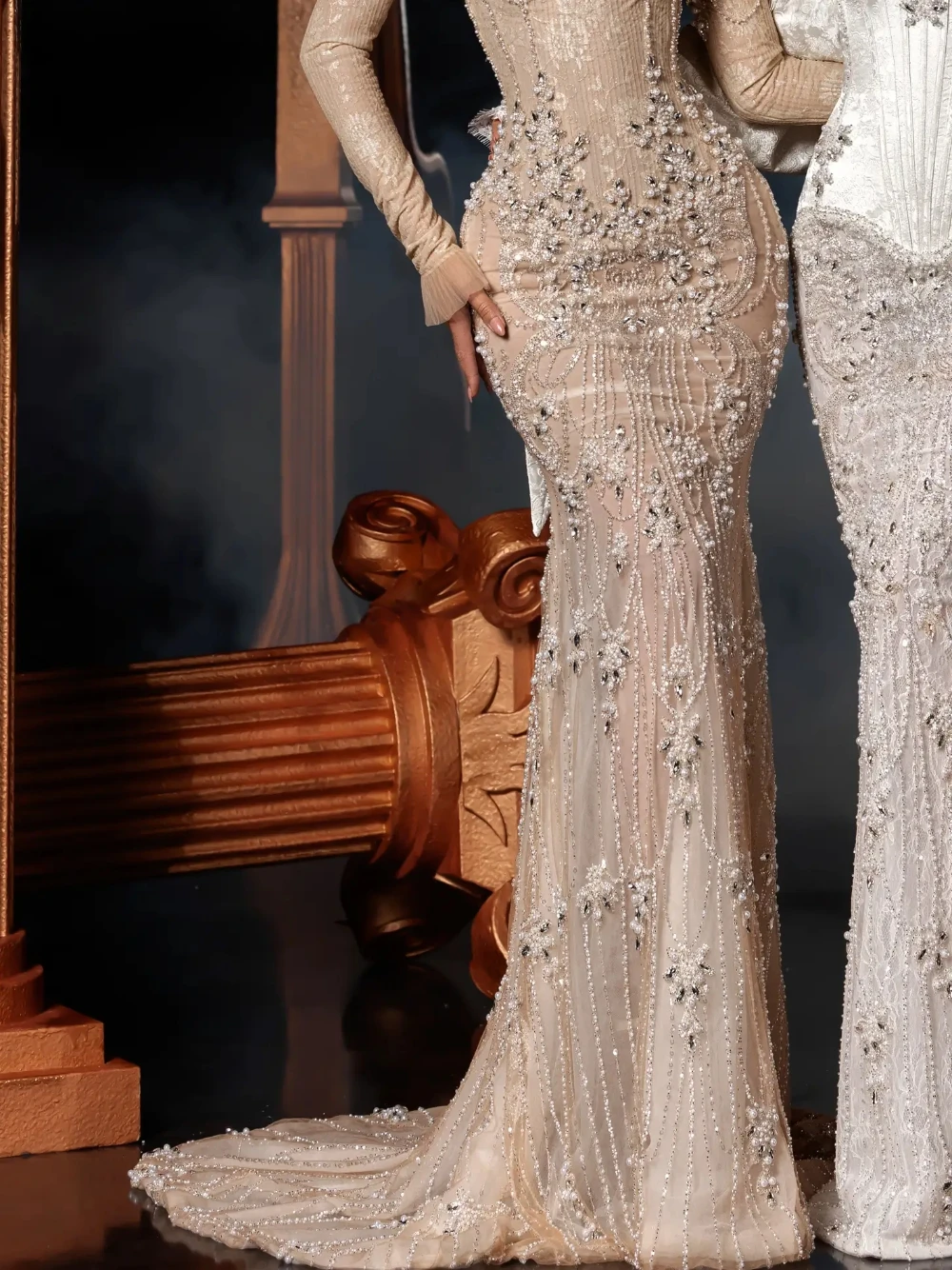 Nude Luxury Beaded Crystal Mermaid Wedding Dress Sparkling Off Shoulder Customized Bridal Gown Lace Up Back New Arrival