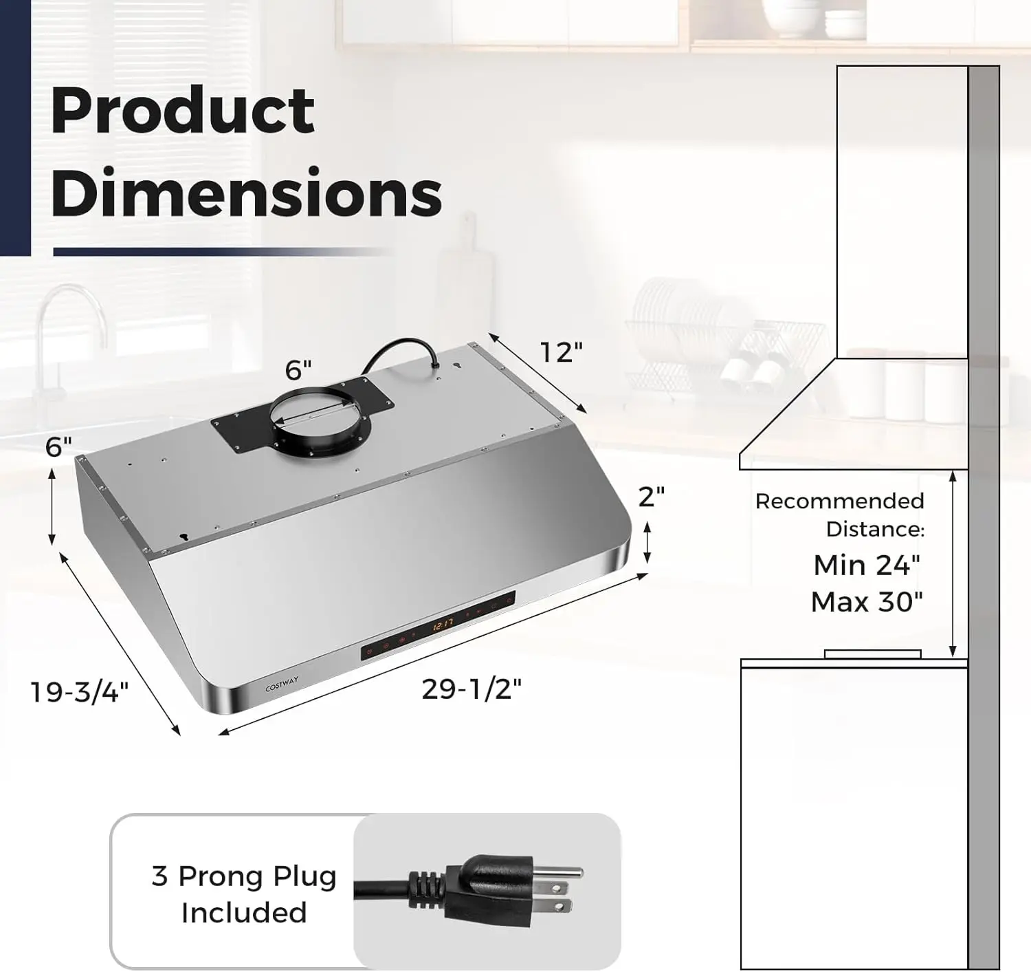 Campana extractora debajo del gabinete de 30 pulgadas, ventilación de cocina de 900 CFM con 4 velocidades, luces LED ajustables y configuración de tiempo, gesto/táctil