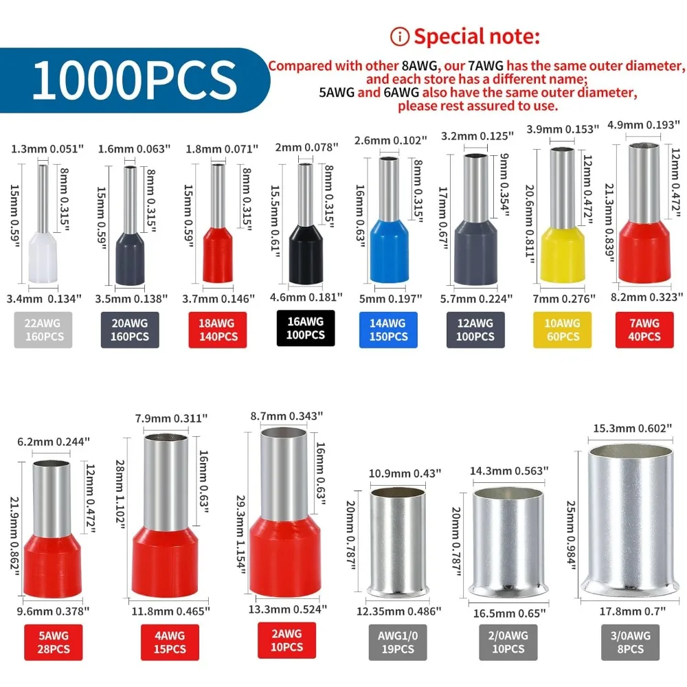 1000PCS Wire Ferrule Copper Crimp Terminals Insulated Pin Cord End Connectors AWG 22/2/18/16/14/12/10/7/5/4/2 1/0 2/0 3/0 Gauge