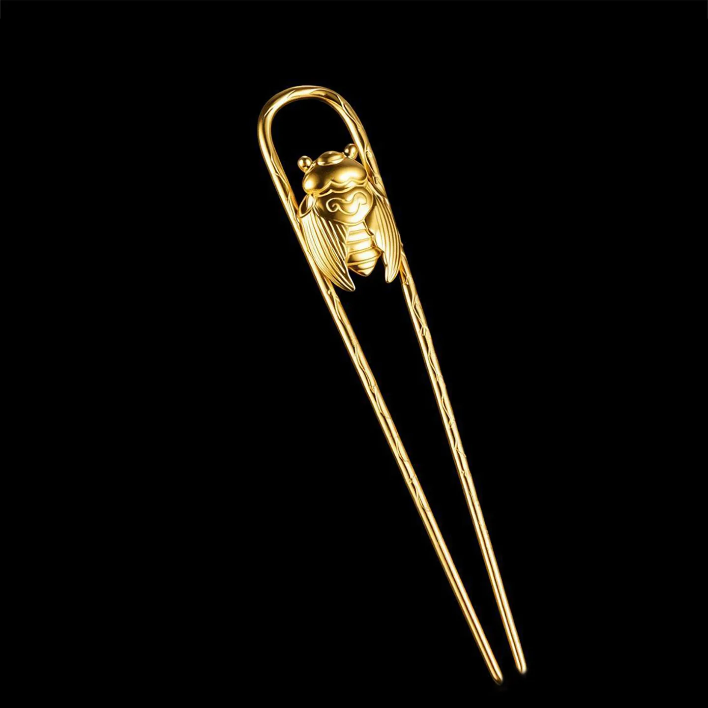 Chinese Style Qing Dynasty Inspired Gold Plated Copper U Shaped Cicada Hairpin Auspicious Lucky Blessing Good Fortune Traditiona