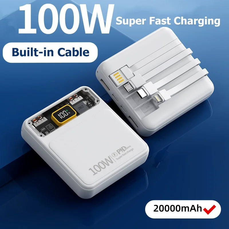 

20000 мАч Power Bank с 4 кабелями, 100 Вт, сверхбыстрая зарядка, большая емкость для iPhone, Xiaomi, Huawei, Samsung