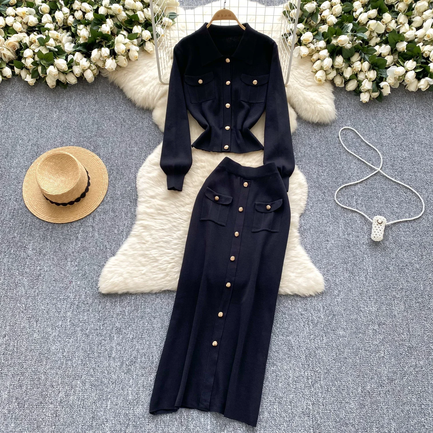 Women Two-Piece Sets Knit Long Lantern Sleeve Turn-down Collar Button Top and Basics Pencil Skirt Korean Autumn Winter Clothing