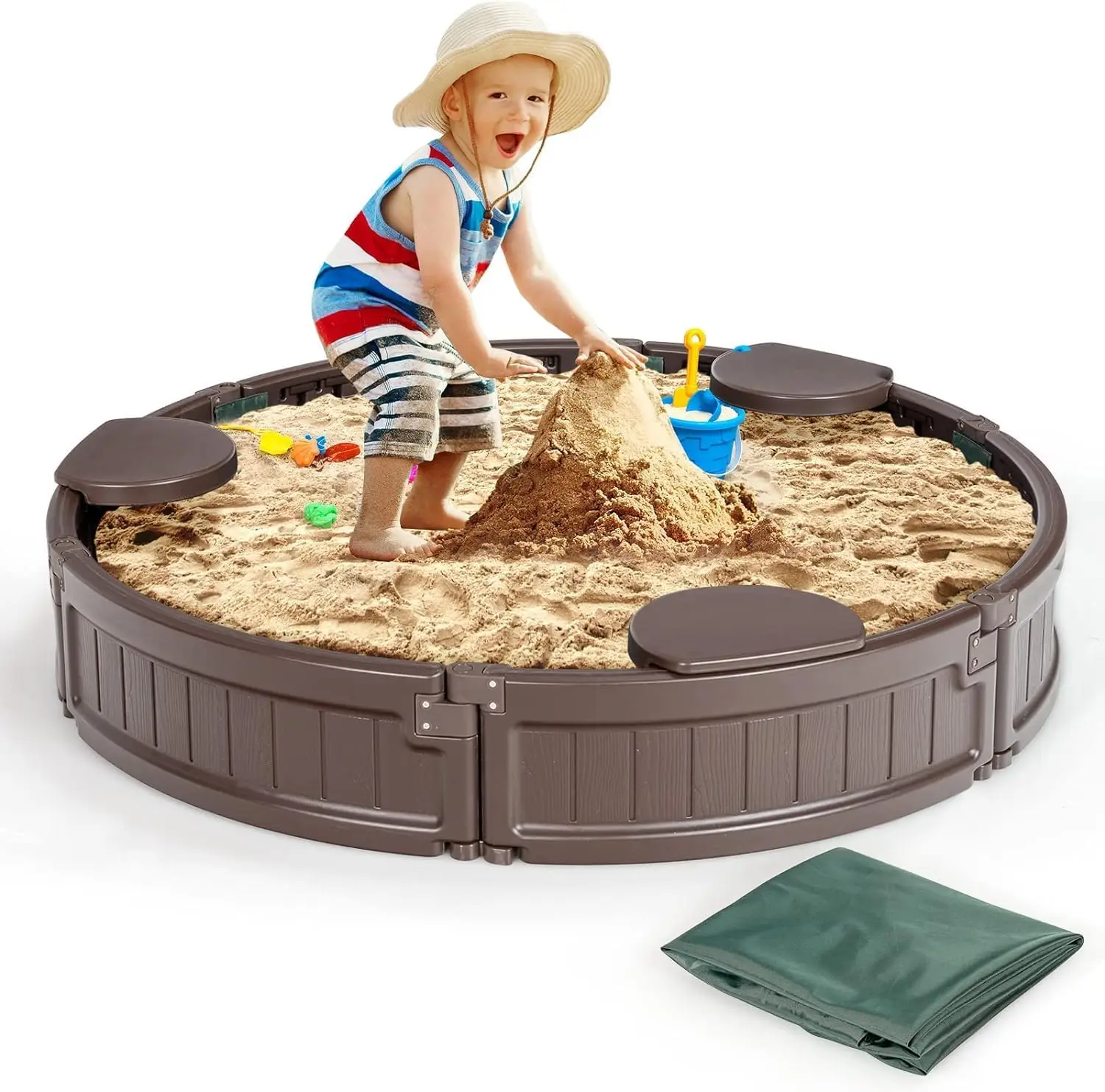 

Kids Sandbox with Cover, Child Sand Pit w/Detachable Built-in Seating & Bottom Liner for Backyard Lawn Garden Beach, Outdoo