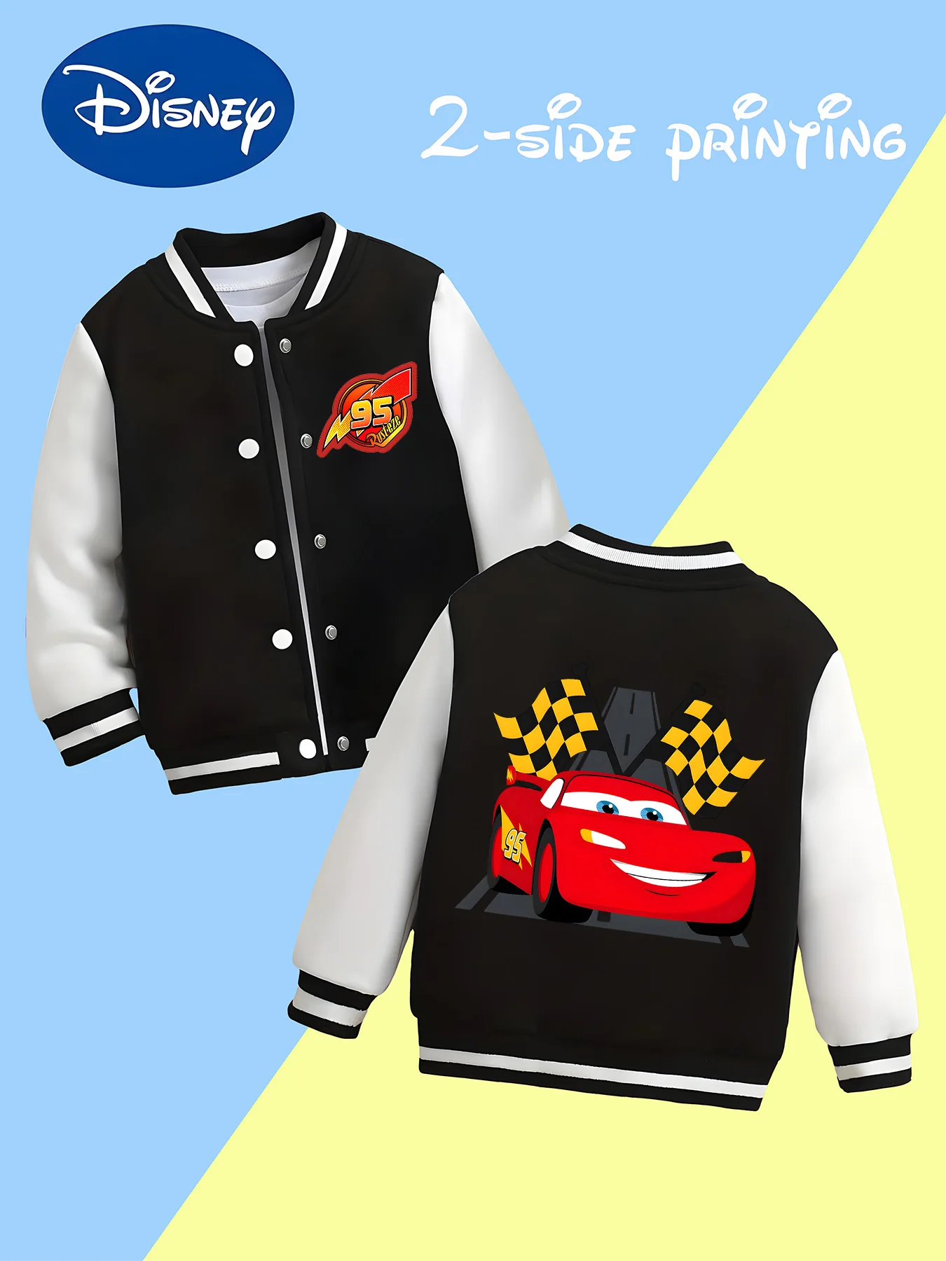 

MINISO Cars Boys' Baseball Jacket - Lightning McQueen 95 Print, Cool and Stylish, Racing Theme, Outdoor, Disney, Durable Fabric