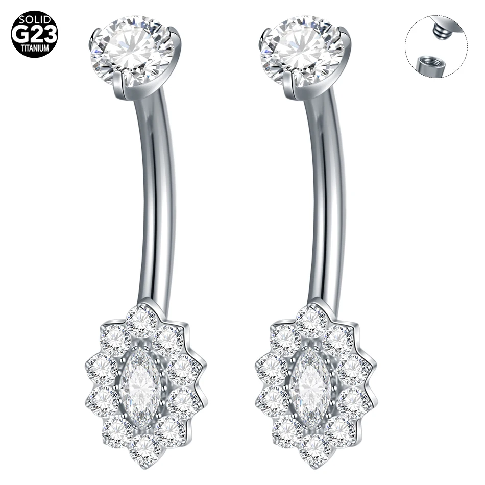 1/5PCS Titanium PIERC Flower Belly Button Rings Navel Ring CZ Paved Top Threaded Belly Piercing Belly Button Ring Sexy Jewelry