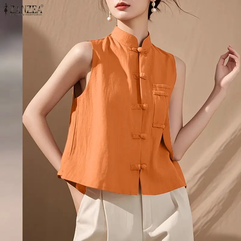 

ZANZEA Summer Tanks Tops Stylish Women Sleeveless Blouse Vintage Stand Neck Buttons Up Camis Casual Solid Work Shirt Mujer Femme
