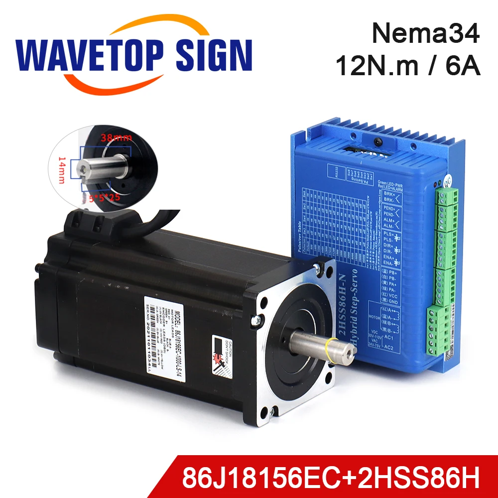 JMC Kits de Motor Servo Híbrido de Circuito Cerrado Nema34 de 2 Fases y 12N.m, 2000rpm, 6A, Diámetro de Eje 14mm, 86J18156EC+2HSS86H para CNC