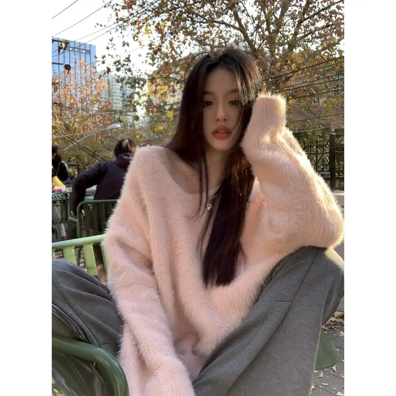 Soft Cozy Pink V-Neck Knitted Sweater Women's Loose Comfortable Korean Style Top for Autumn Winter Commute Casual Wear