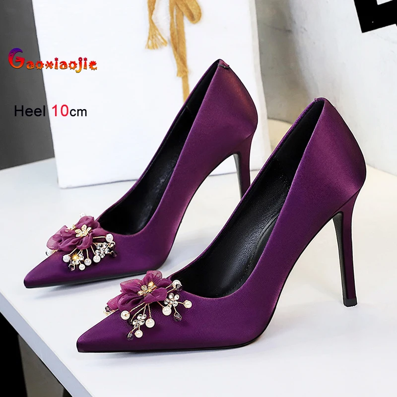 

2026 New Pointed Toe Stilettos Ladies Satin Pumps 10CM high heel Luxury Rhinestone Pearl Lace Flowers Banquet Party Women Shoes
