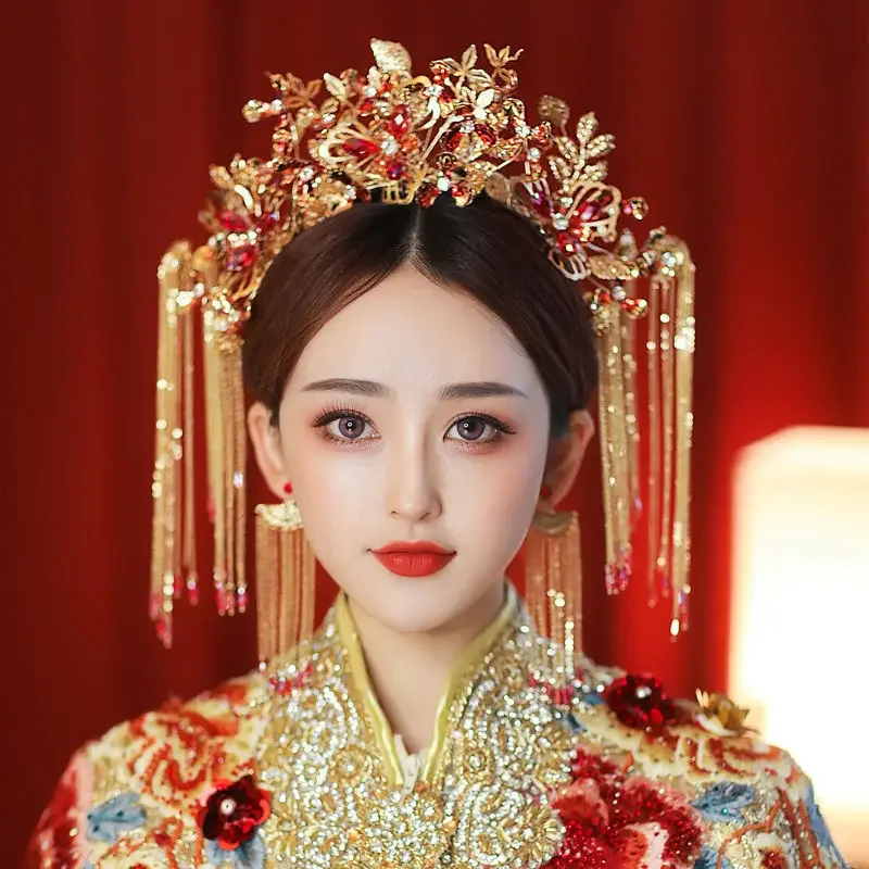 

New Chinese Traditional Red Bride Long Tassels Phoenix Crown Ancient Xiuhe Headdress Luxury Wedding Jewelry Head Accessories