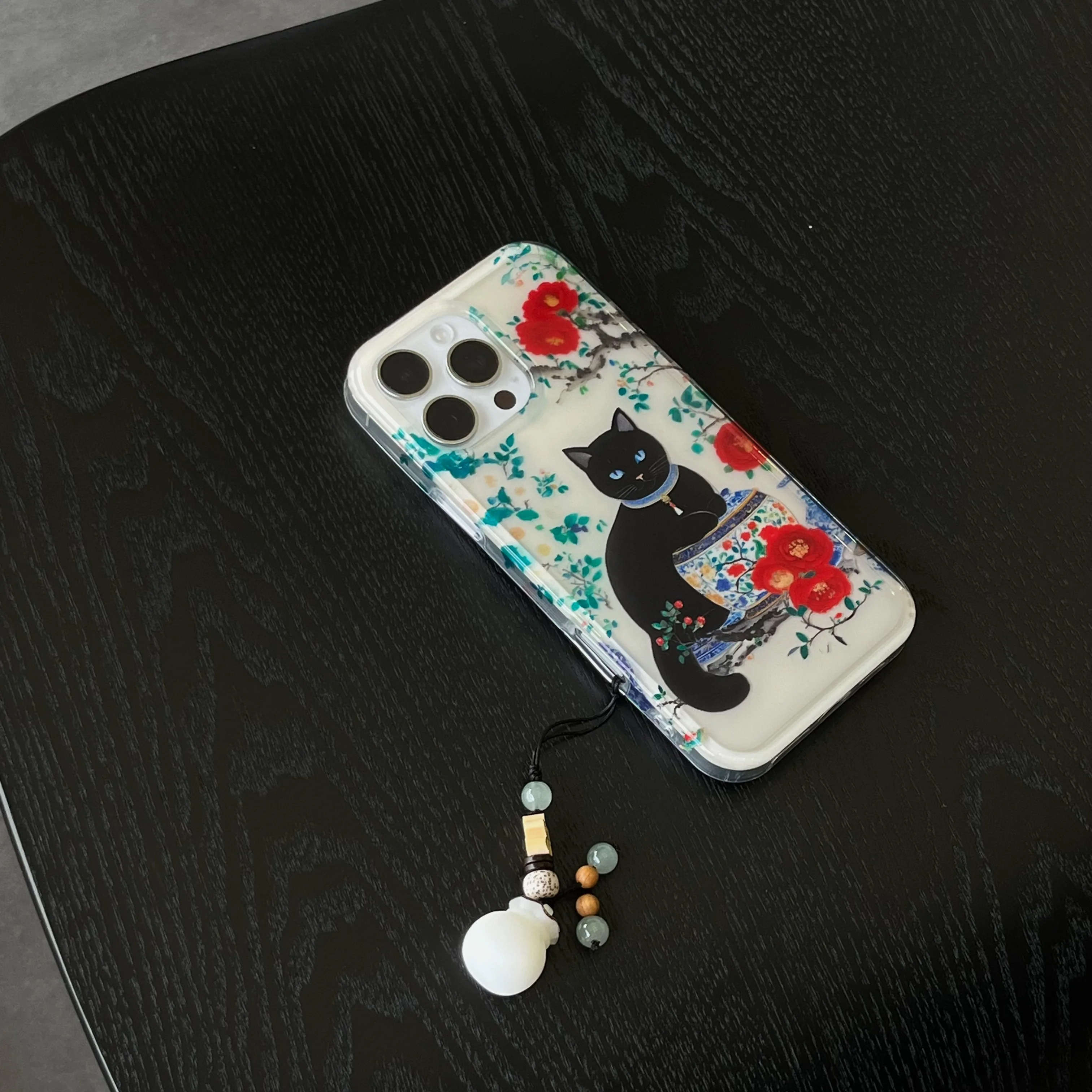 Artistic INS Black Cat & Porcelain Dual Layer Lucky Bag Dangle Phone Case for iPhone 16 15 14 13 Pro Max Back Phone Cover Capa