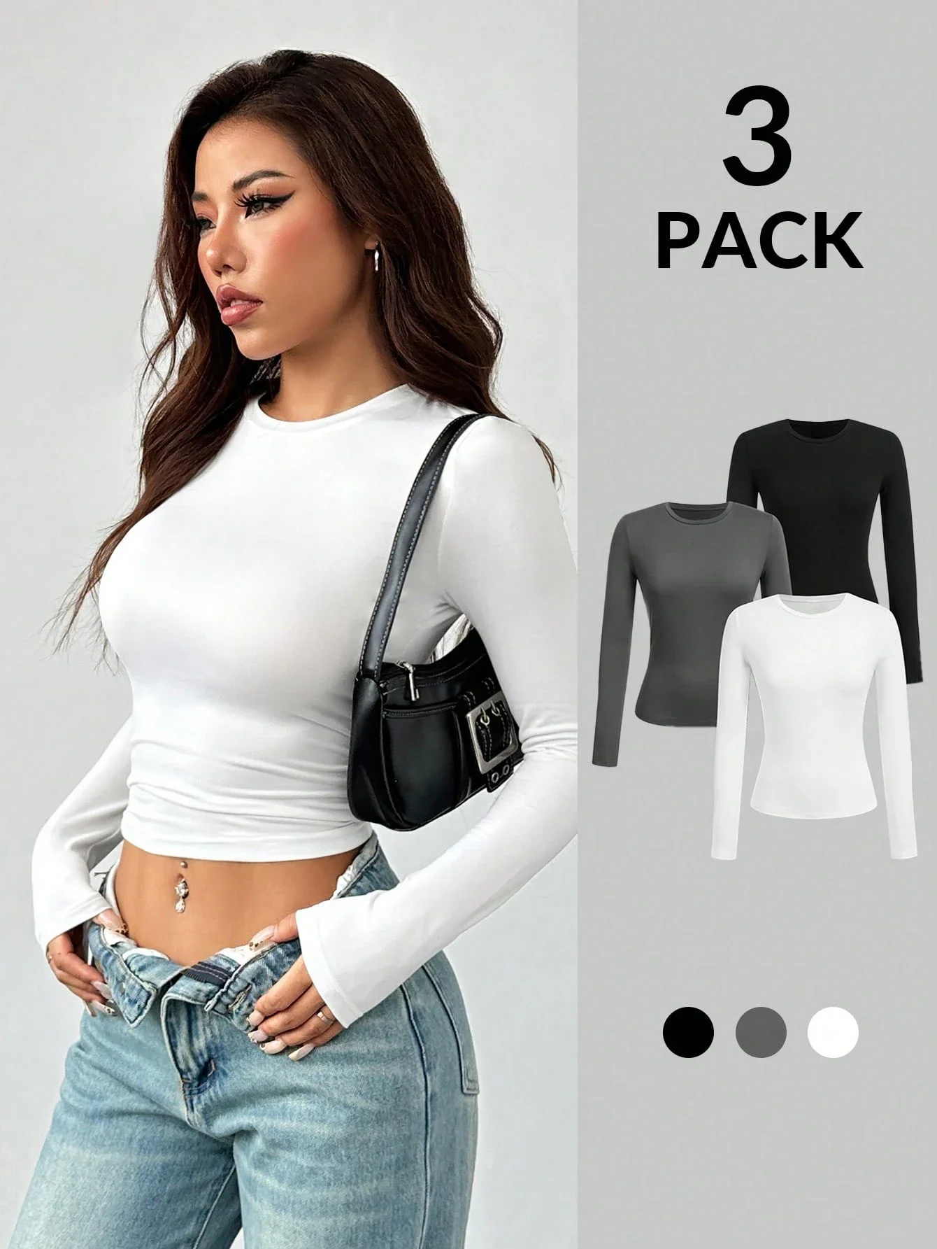 Women's casual long sleeved t-shirt solid color slim fit pullover t-shirt women's base top