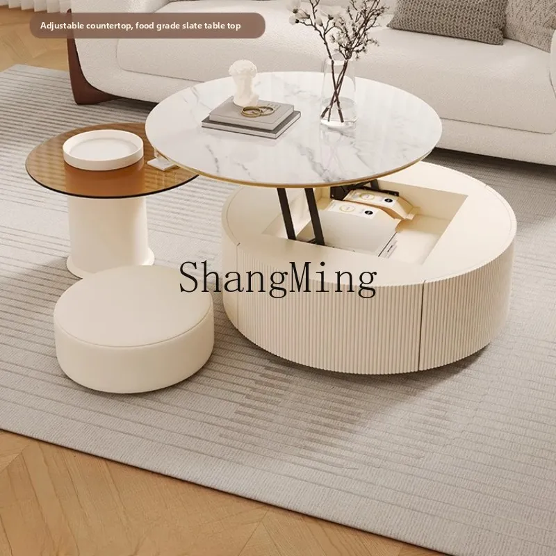 

LXY Cream Wind Slate Coffee Table Lifting Household Living Room Round Coffee Table Combination