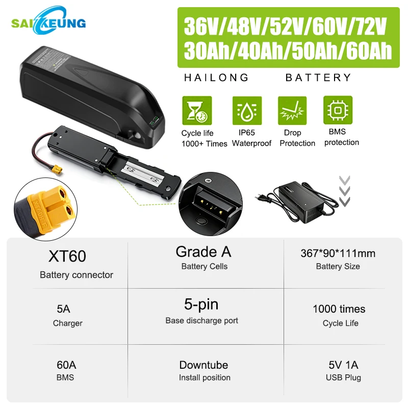 

Аккумулятор Hailong 36В 52В 60В 72В 50Ач для электровелосипедов, 48В 45Ач, 30Ач, 40Ач, 60Ач, 20Ач, 2000Вт