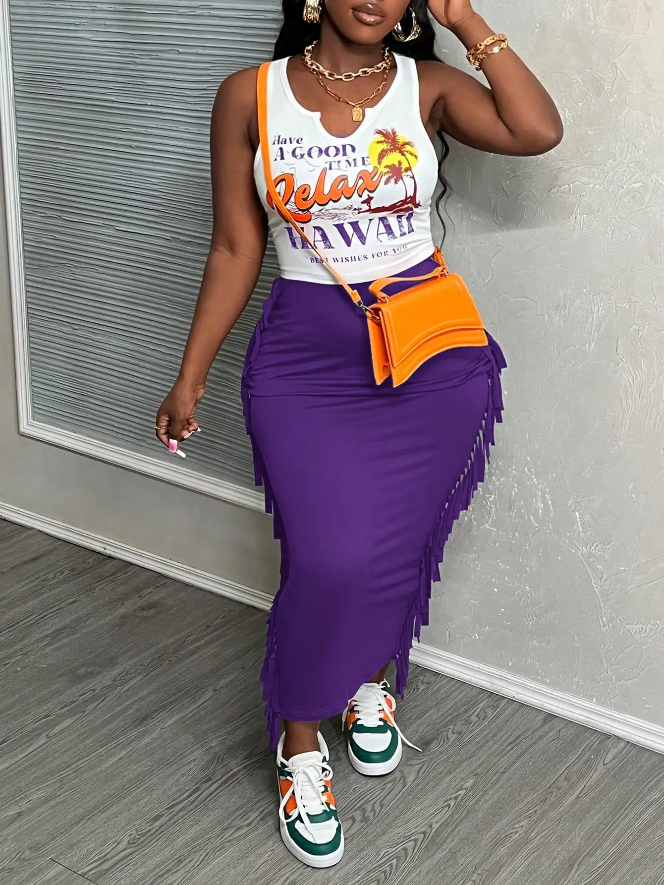 여름 하와이 프린트 탱크탑 & 퍼플 프린지 스커트 여성 투피스 세트