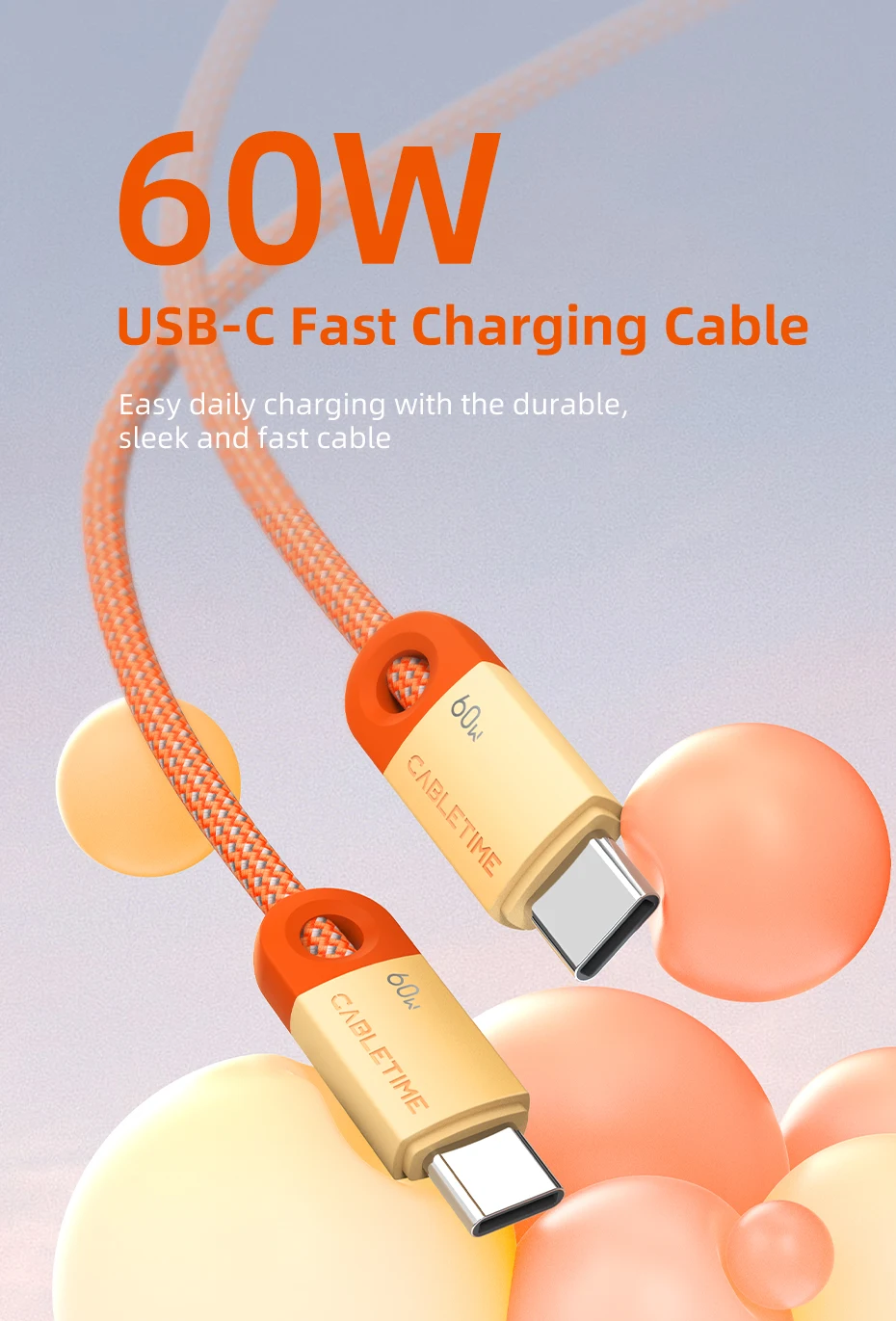 CABLETIME PD60W Kabel USB-C auf USB-C Hochgeschwindigkeits-Datensynchronisierungs- und Ladekabel Langlebiges Schnellladekabel für iPhone iPad Samsung – Detail 1