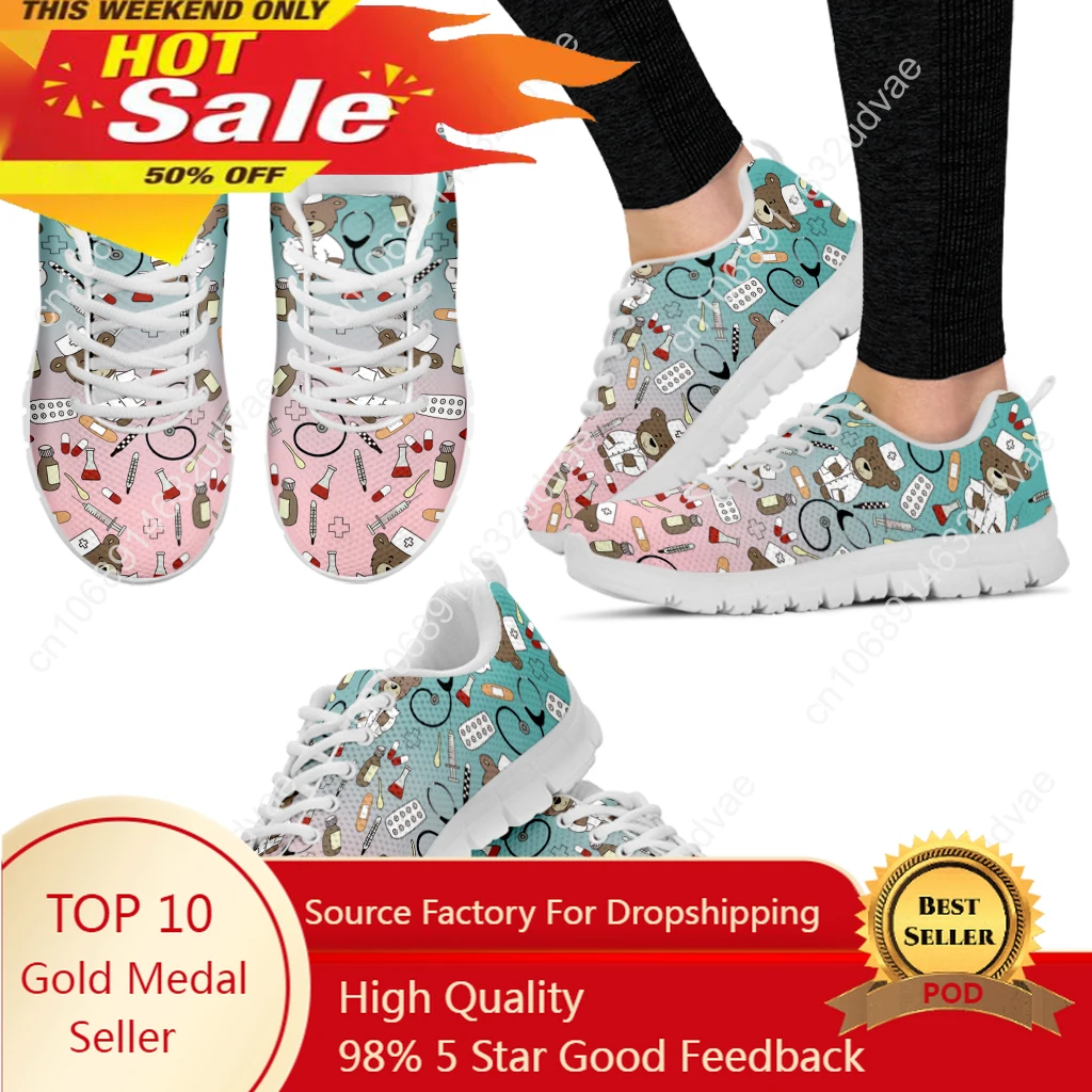 

Women's Casual Sneakers Cute Medical Bear Print Flats Woman Cute Gradient Nursing Footwear Females Spring Loafers