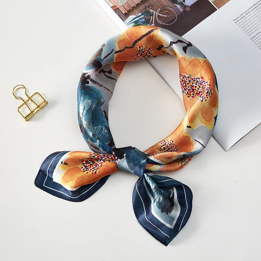 Women\'s 100% Silk Square Scarf Fashion Print Small Neck Scarfs Office Lady Hair Band Foulard Hand Kerchief Female Bandana Shawl