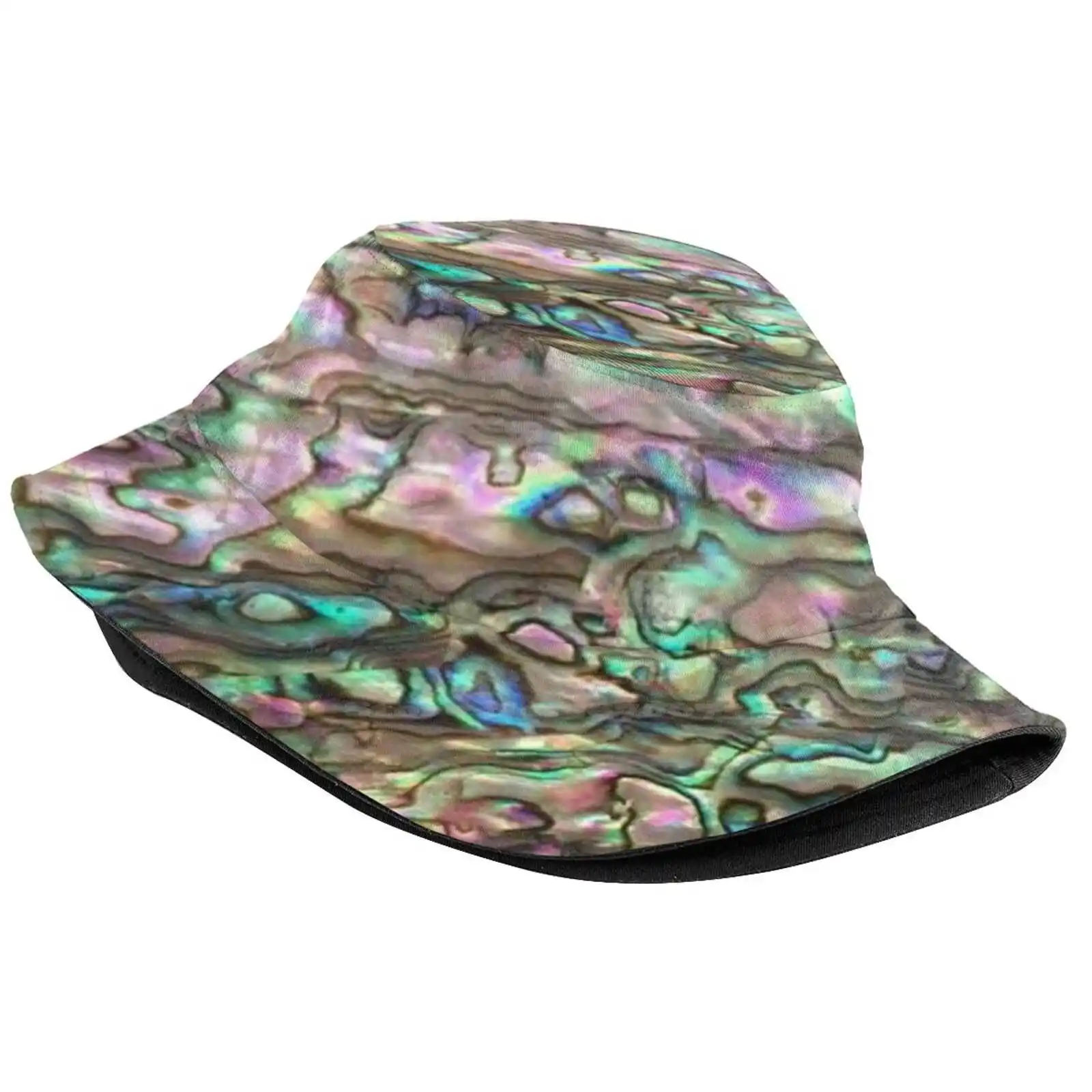 Natural Abalone Paua Shell Print Bucket Hats Sun Cap Abalone Natural Sea Water Beautiful New Zealand Pink Blue Purple Vibrant