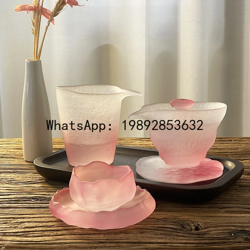 Pink glass bowl for home sancai tea dispenser ladies host cup chinese style tea cup tea set