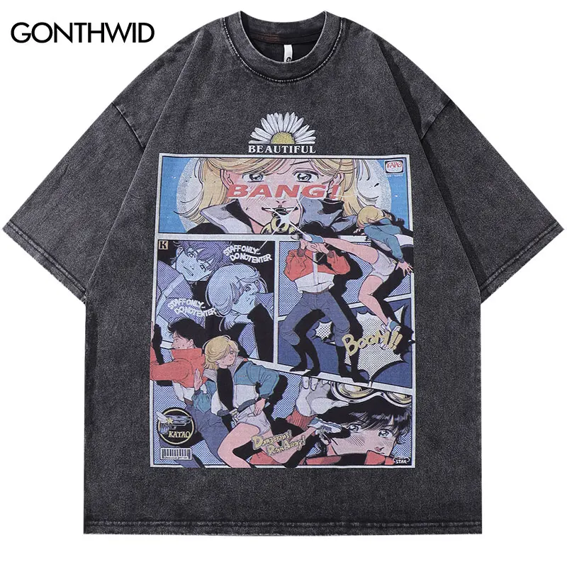 

Harajuku Black T-Shirt Vintage Retro Japanese Style Comics Illustration Graphic Print Washed Tshirt 2024 Hip Hop Loose Tops Tee