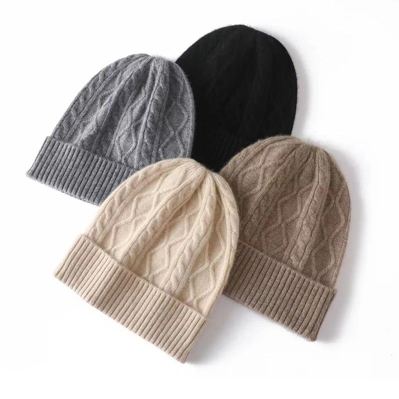 Sparsil 100%Pure Wool Women's Winter Hat 2023 Warm Wool Beanie Bonnet y2k Rhombus Luxury Cashmere Beanies For Lady Knit Skullies