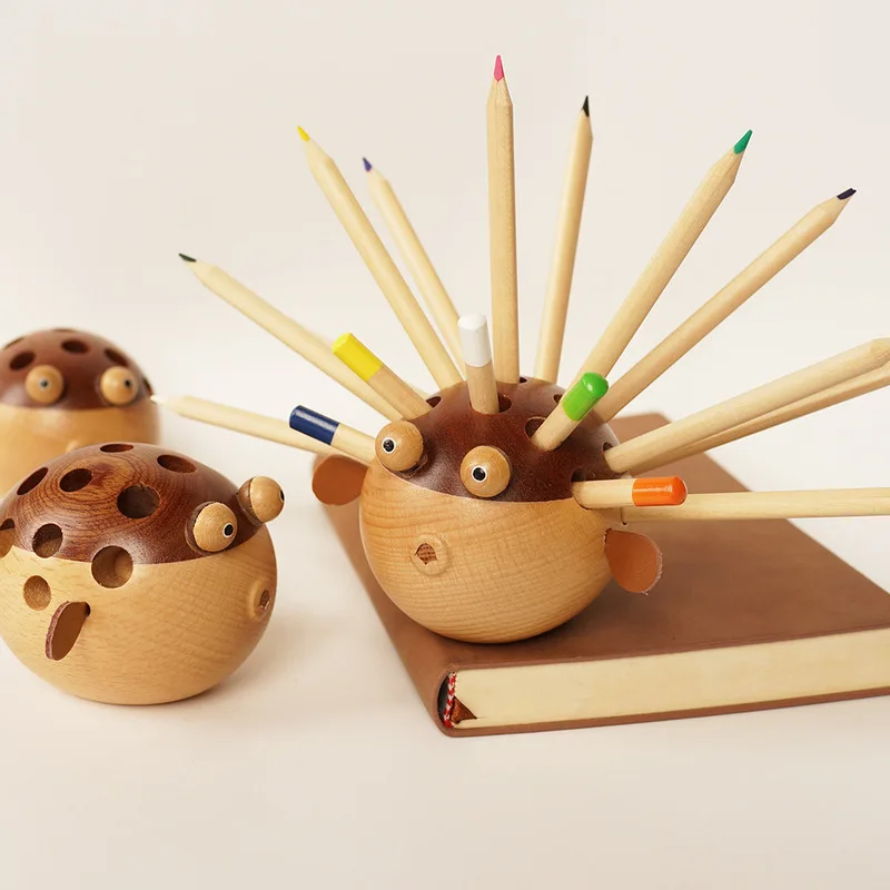 

Wooden Creative Pufferfish Pen Insert Office Stationery Student Desktop Storage Ornament Multi Functional Creative Gift