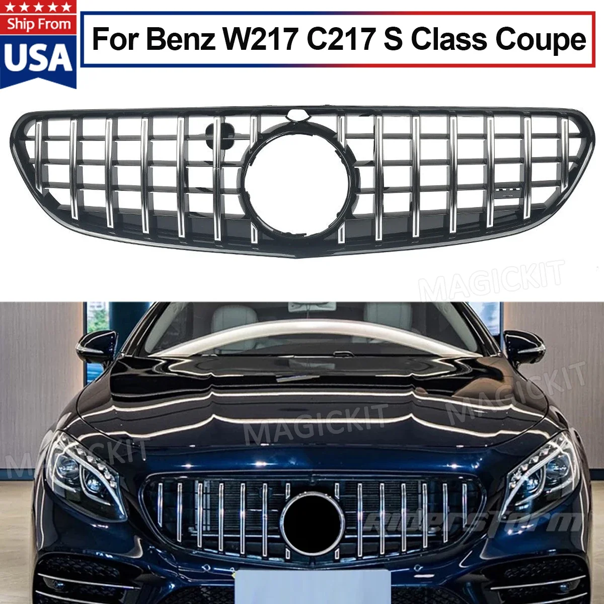 For Benz S-Class S63 S65 For AMG Coupe W217 C217 2015-2017 Middle Grille Car Styling ABS Vertical Bar Auto Bumber GT Grill