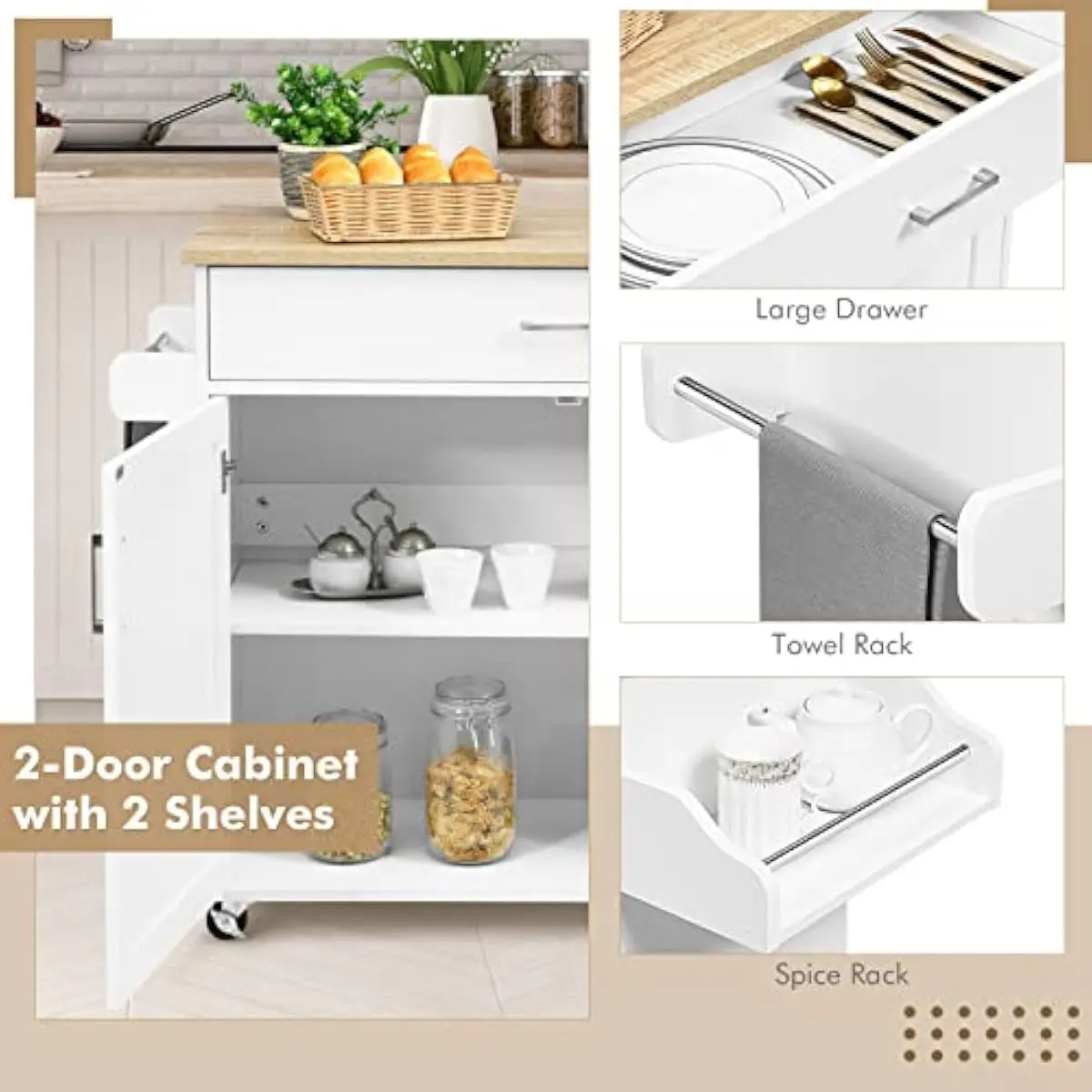 Mobile Kitchen Cart with Locking Casters, Spacious Cabinet + Drawer, 3-Height Adjustable Interior Shelf, Waterproof Wood-Like Wo