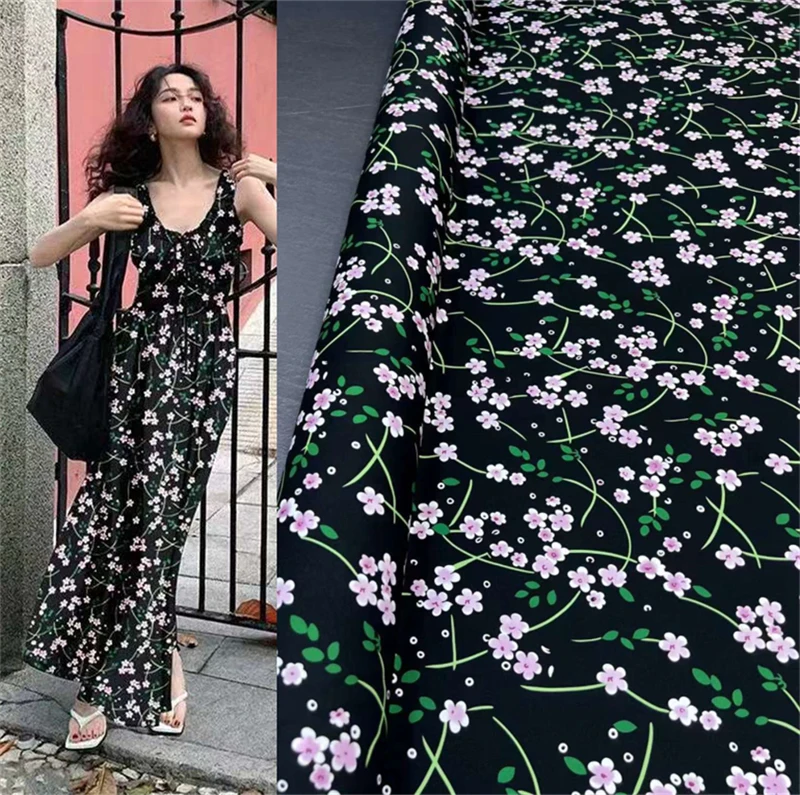 

Temperament Black Bottom Small Floral Print Double Qiao Crepe Silk High Quality 18momme DIY Luxury Silk Fabric Women's Clothing