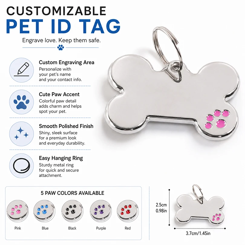 Custom Text Dog Tags Personalized Name Dog Tag Bone Shaped Laser Engraving Number Anti-lost Claw Customized Text Pets ID Tag