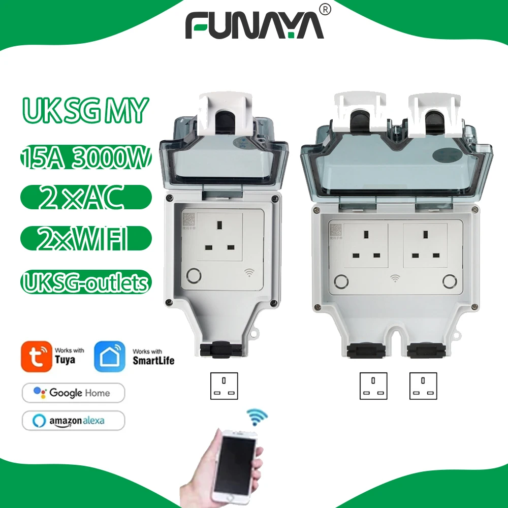 Tuya WIFI Smart Outdoor Socket UK SG 1 2 Outlets IP66 Waterproof AC110~220V16A Wall Plug Sockets with Timer for Garden Garage