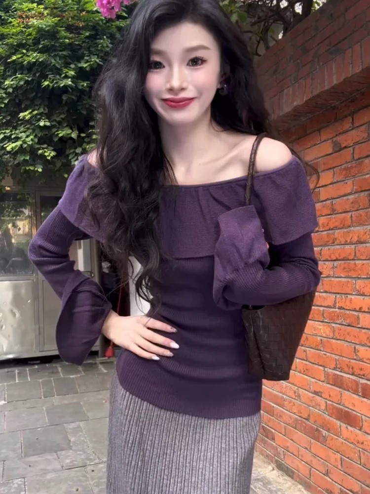 

Фиолетовый вязаный топ на одно плечо с длинным рукавом, женский, весенний, модный дизайн, с рукавом-колокол, открытым плечом, для повседневной носки