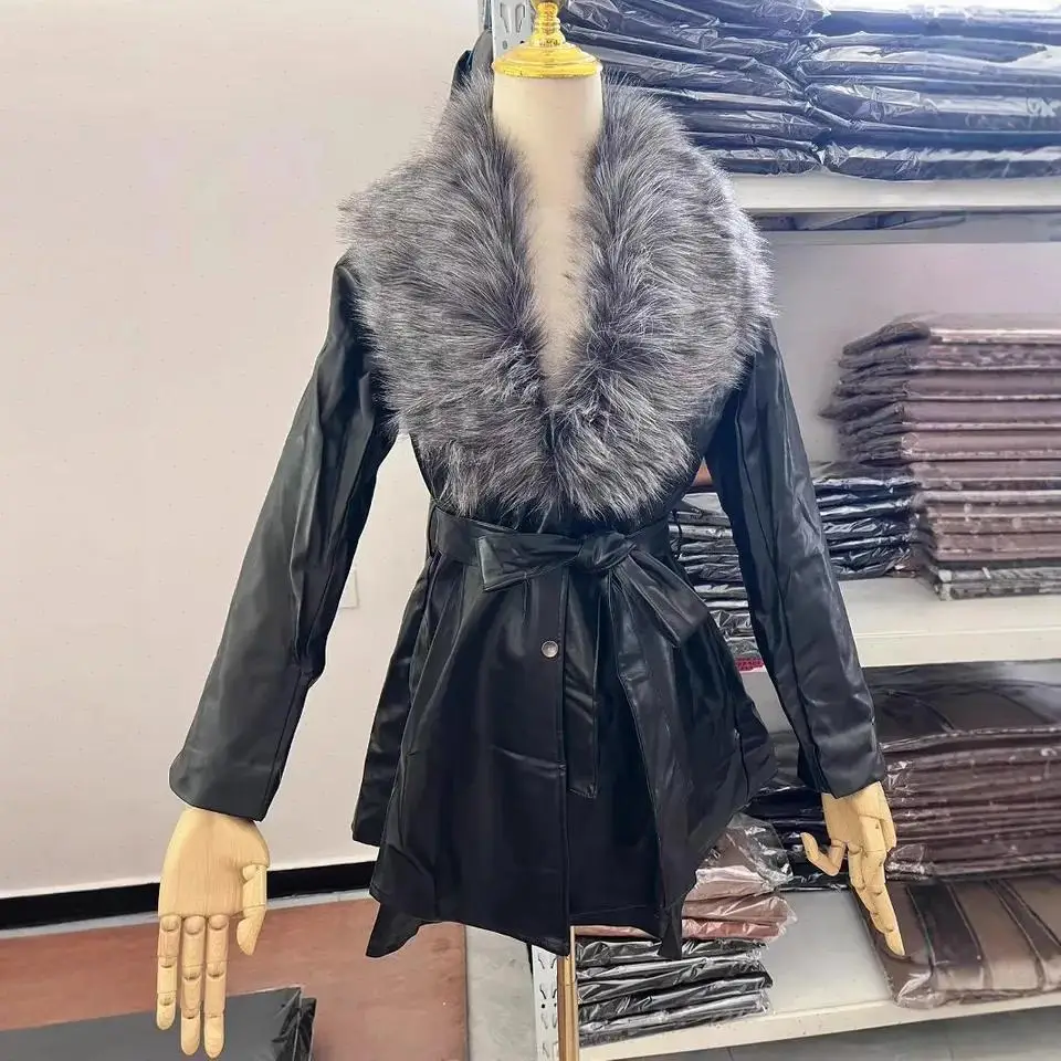 Spliced Fox Fur Coats Women Faux Fur Cardigan Outerwear Thick Warm Fur PU Leather Sashes Pockets Casual Autumn Winter
