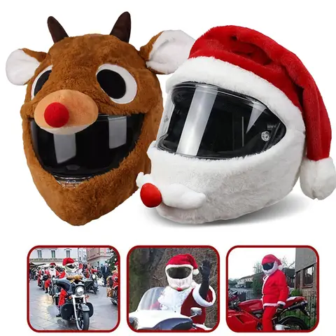 Universal Motorcycle Christmas Helmet Cover Cartoon Elk Santa Claus Fluffy Plush Set Christmas Cosplay Splicing Head Cover