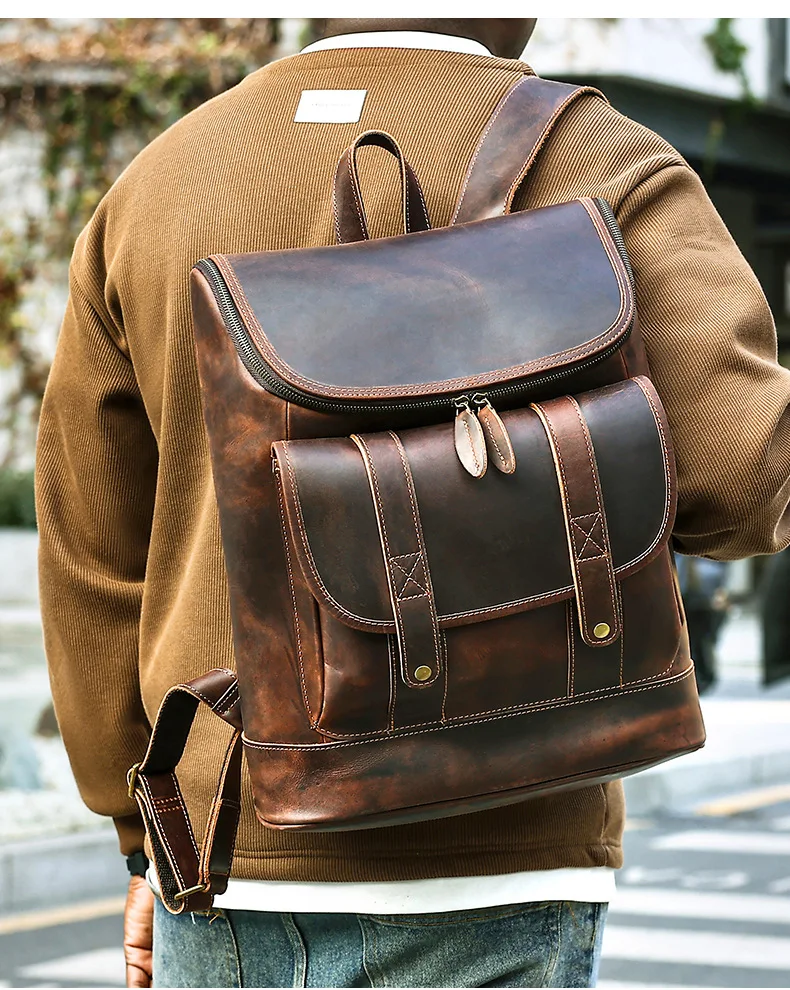 حقيبة ظهر كلاسيكية من الجلد للرجال من Crazy Horse ذات سعة كبيرة حقيبة كمبيوتر محمول للأعمال للرجال