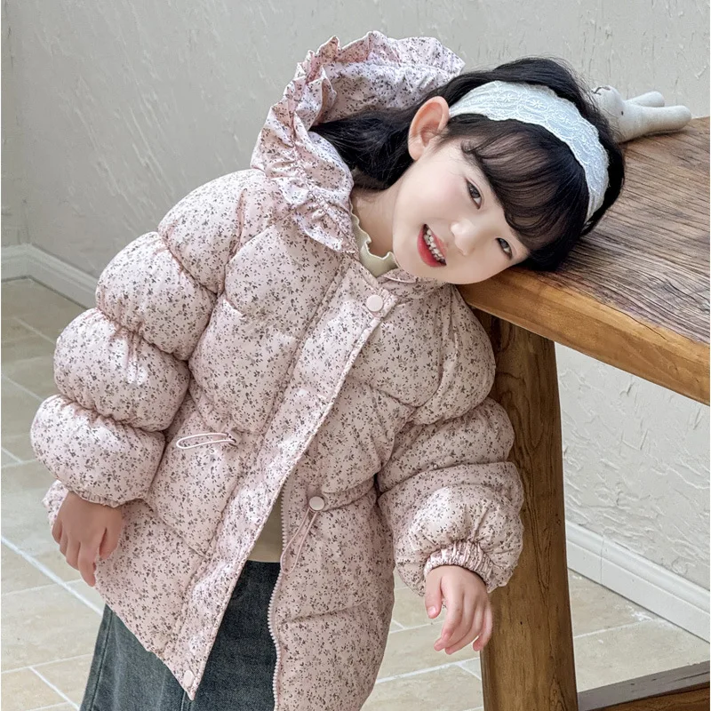

Korean Baby Girl Winter Down Jacket 2025 New Toddler Thicken Cotton-Padded Warm Hooded Outerwear Kid Floral Print Windbreak Coat