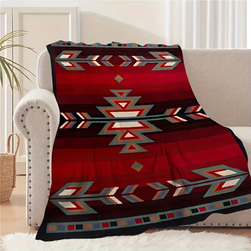 Bohemian-Inspired Red Geometric Flannel Throw Blanket - Reversible Vibrant Southwestern Pattern for Couch, Bed, Travel 3