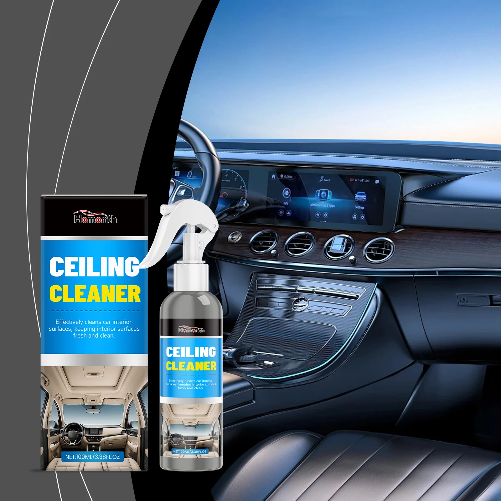 

Vehicle Interior Care Cleaner removes stains, odors, grease, debris, dirt, soft glossy leather, residue-free, safe car interior