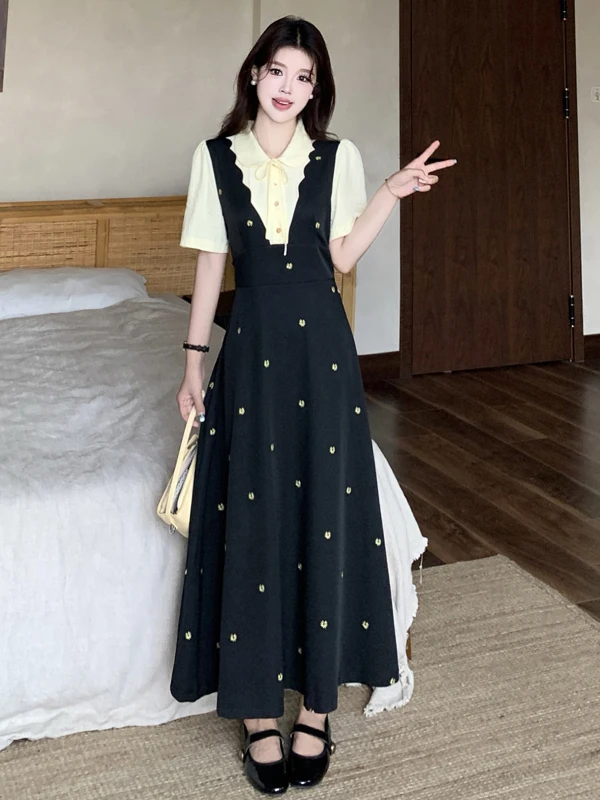 

plus Size Embroidered Knot Dress Color Block Long Summer New Style Slimming Design A-Line Korean Style Commute Dress