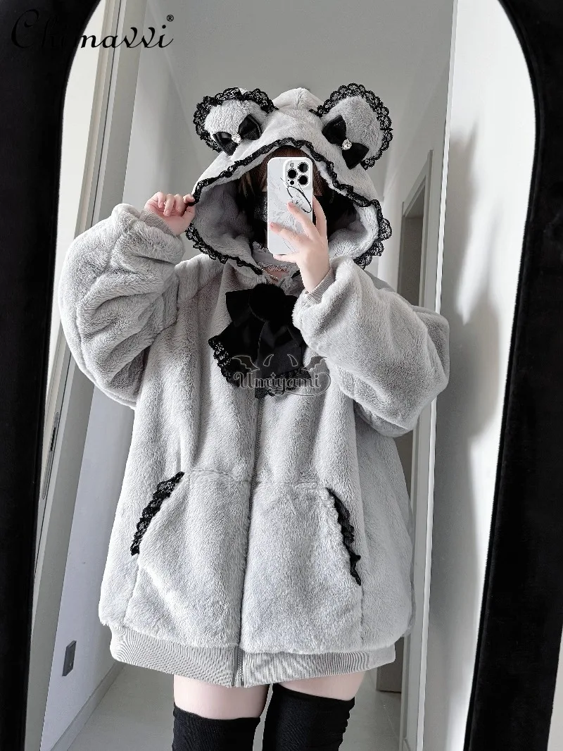 

Japanese Style Mass-Produced Lace Trim Plush Cute Coat Winter Clothes New Sweet Girl Lace Kawaii Elegant Women's Jacket Top