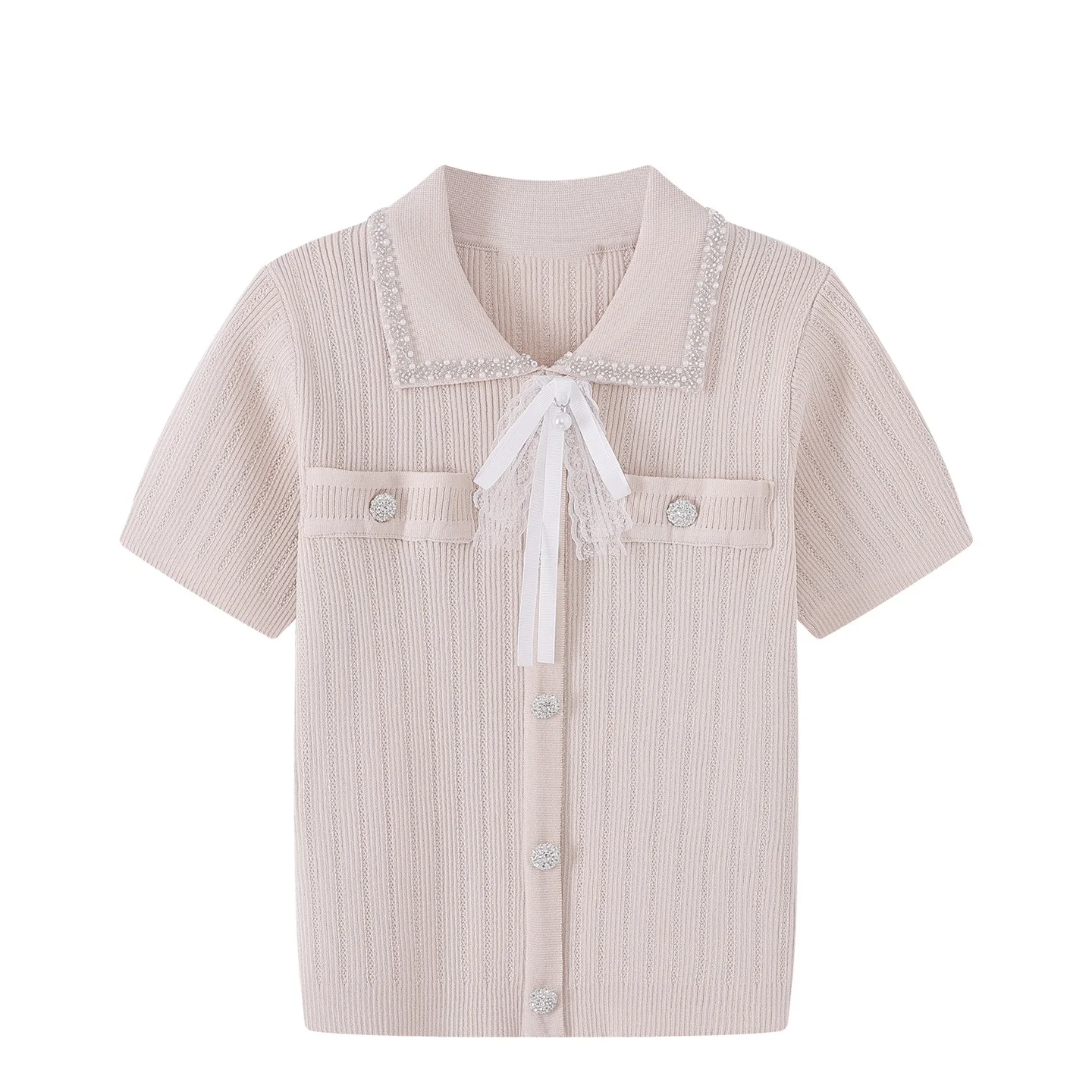 Summer New Thin Pullover Female Sweater Tshirt Simple Solid Vertical Beaded Button Lace Lapel Bowknot Knitwear Tops