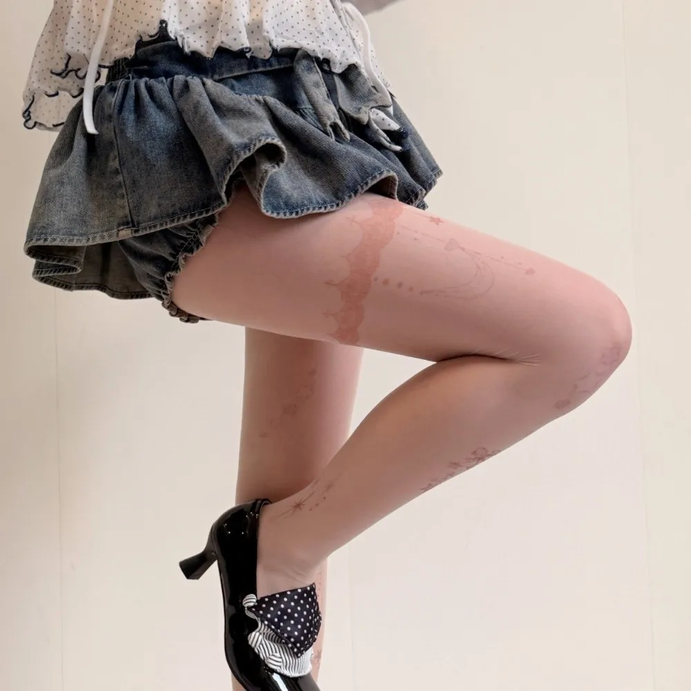 Y2K Invisible Tattoo Stockings Childishness Hand-drawn Star Jellyfish Shell Pantyhose Butterfly Colorful Silk Stockings