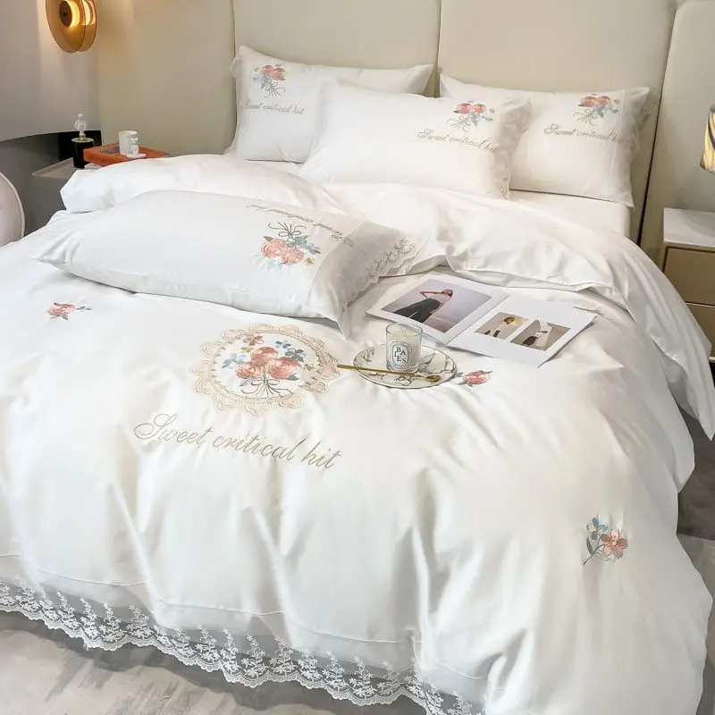 Romantic French Wedding Flowers Embroidery Lace Edge White Bedding Set Cotton Girl Duvet Cover Bed Sheet Bedspread Pillowcases