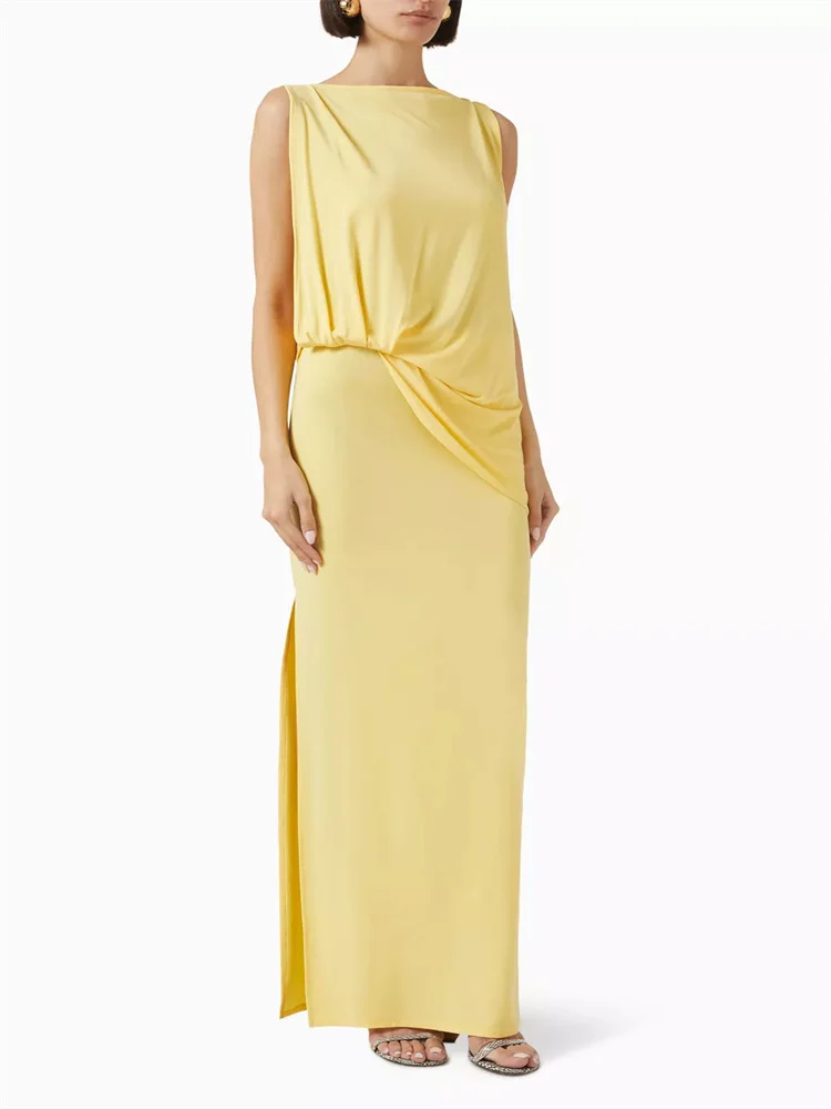 

Customized Simple Yellow Pleated Draped Formal Evening Dress Sleeveless Square Collar Draped Dress Side Slit Loose Dress