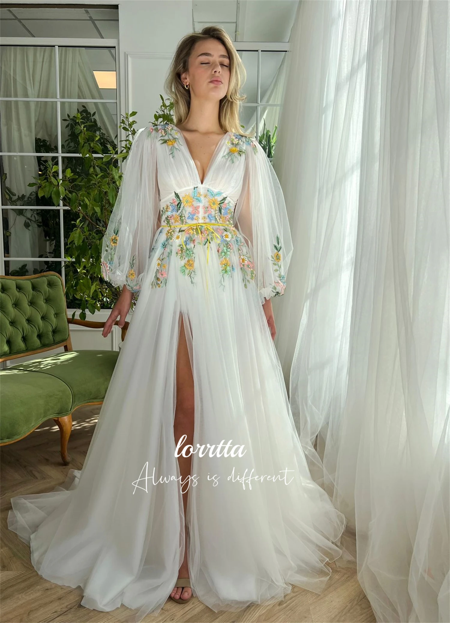 Vestido de formatura para festa de casamento, linha de tecido bordado floral, mangas compridas, vestidos personalizados para ocasiões formais