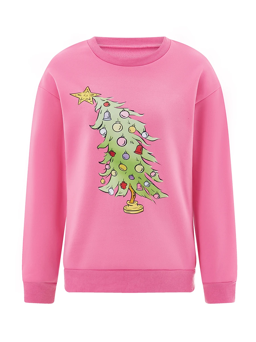 Women s Drop Shoulders Sweatshirt Christmas Tree Cartoon Print Long Sleeve Casual Pullover Tops