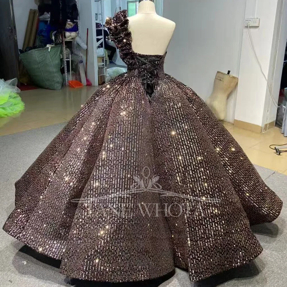 Luxe Strapless Sleeveless Evening Dress with 3D Flowers Sequins Black Gold Lace-up Back Customized Women's Party Gown