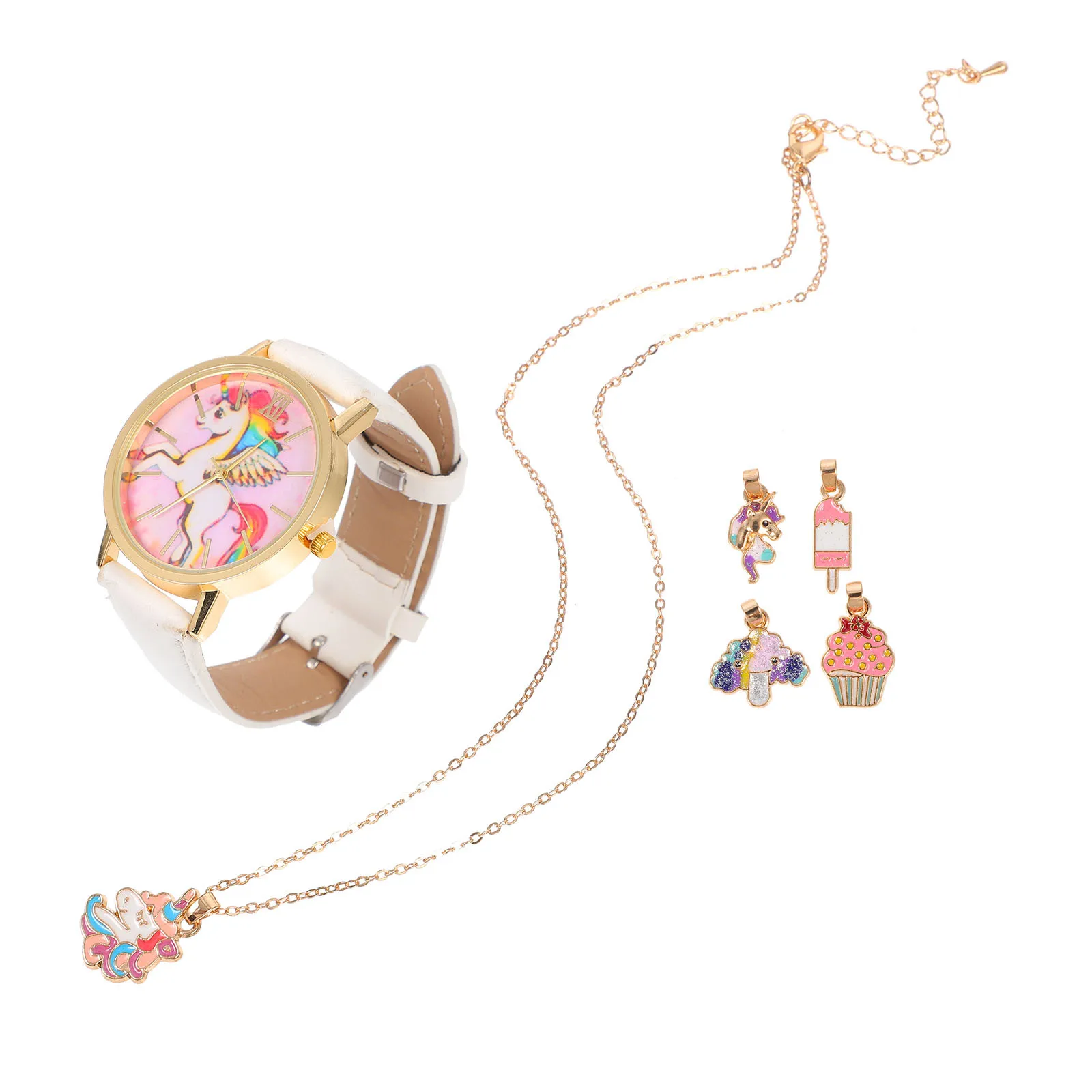 1Set Unicorn Cartoon Quartz Watch Necklace Stylish Comfortable Strap Suitable for Birthday Christmas Holiday Gift